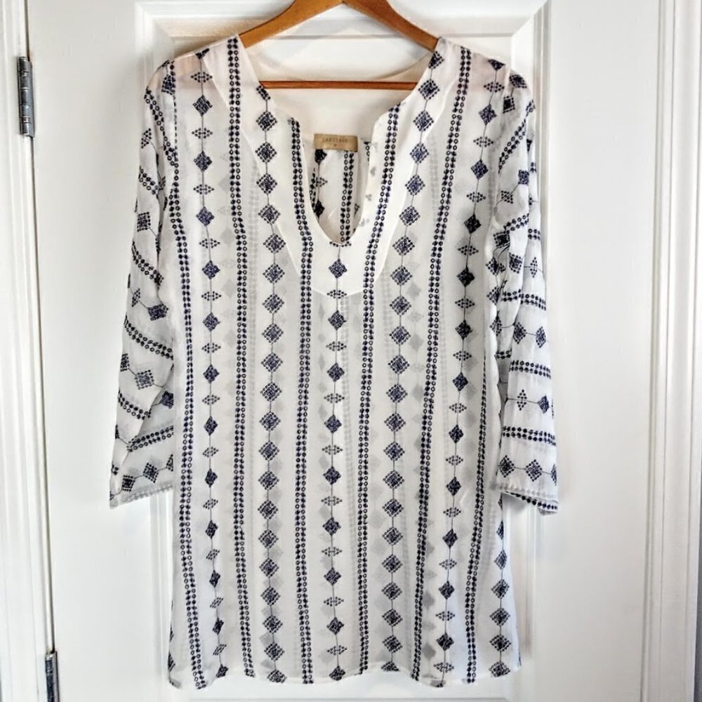 Language Navy Blue Embroidered Sheer White Silk Top